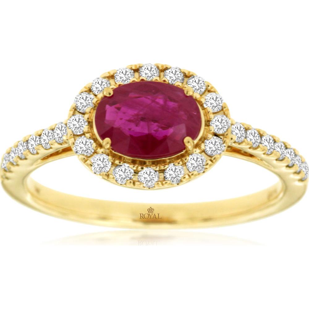 14K Yellow Gold Ruby and Diamond Halo Ring - 1.23 Carats Total Gem Weight