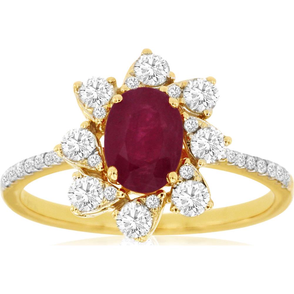 14K Yellow Gold Ruby & Diamond Halo Ring - 1.40 Carats Total Gem Weight