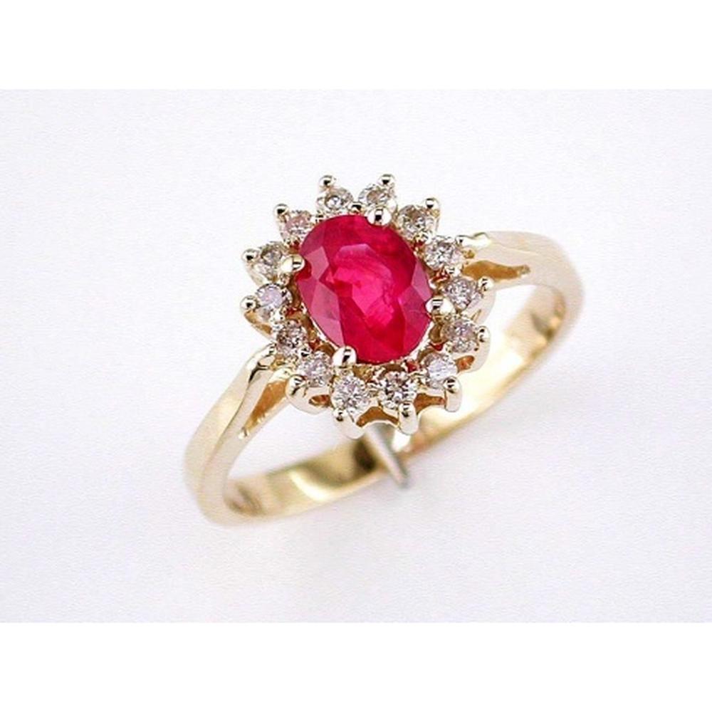 14K Yellow Gold Ruby & Diamond Halo Ring with 0.85 Carats Oval Ruby and Round Brilliant Diamonds