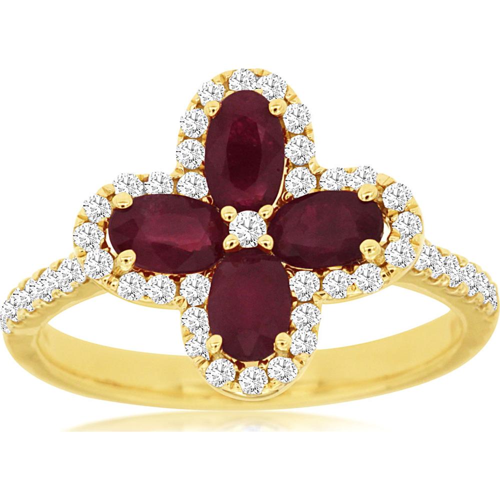 14K Yellow Gold Ruby & Diamond Halo Ring with Oval Rubies - 1.28 Carats Total Gem Weight