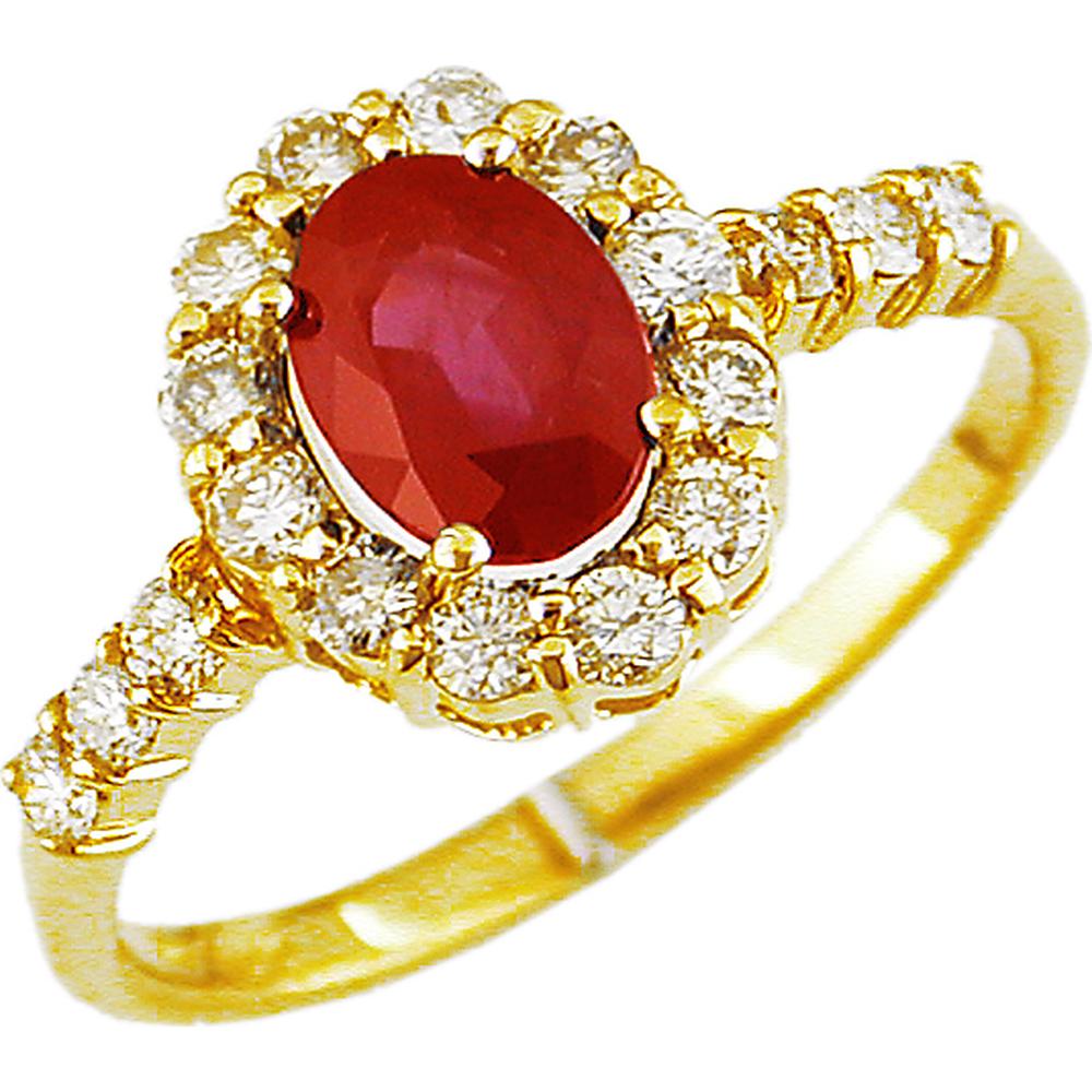 14K Yellow Gold Ruby & Diamond Halo Ring with Oval Ruby - 0.90 Carats Ruby and 0.47 Carats Total Diamond Weight