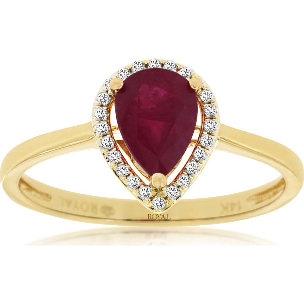 14K Yellow Gold Ruby & Diamond Halo Ring with Pear-Shaped Ruby - 0.75 Carats Ruby Weight, 0.08 Carats Diamond Weight