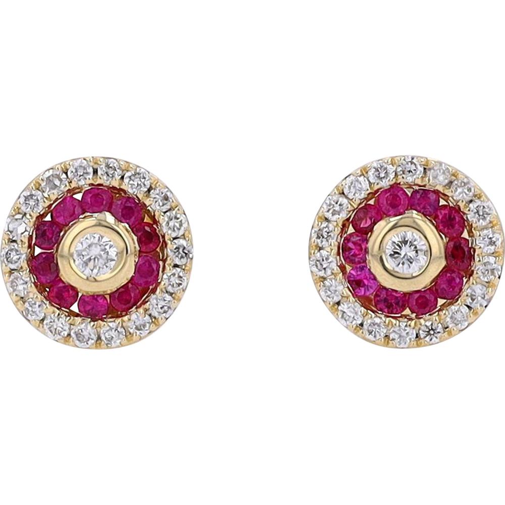 14K Yellow Gold Ruby & Diamond Halo Stud Earrings - 0.20 Carat Total Ruby / 0.25 Carat Total Diamond