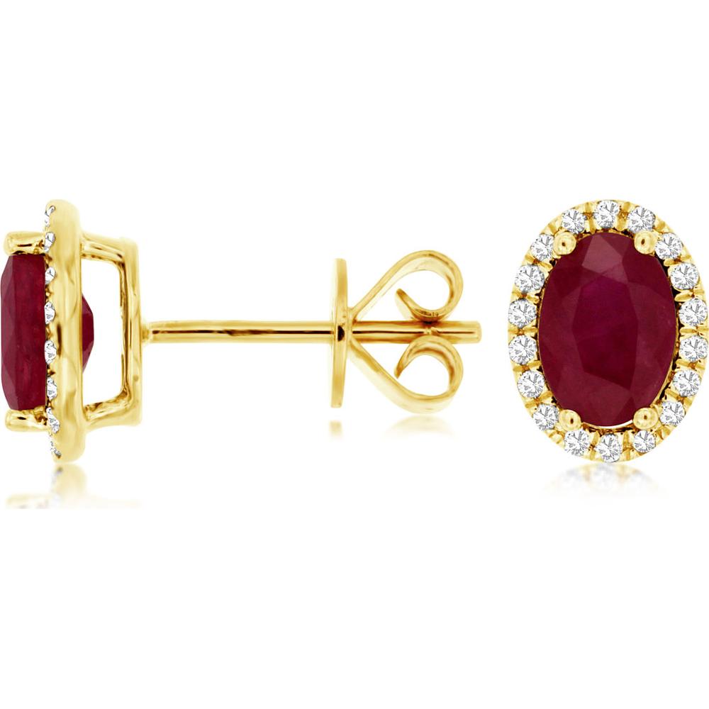 14K Yellow Gold Ruby and Diamond Halo Stud Earrings - 1.80 Carats Total Ruby Weight