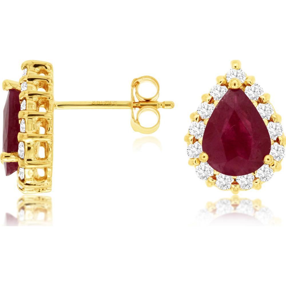 14K Yellow Gold Ruby & Diamond Halo Stud Earrings - 2.25 Carats Ruby, 0.60 Carats Total Diamond Weight