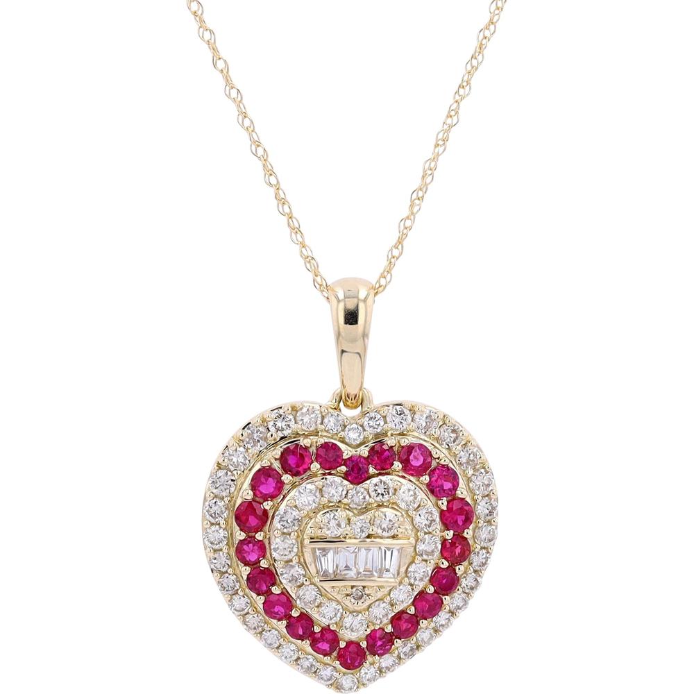 14K Yellow Gold Ruby and Diamond Heart Pendant Necklace - 0.65 Carat Total Diamond Weight