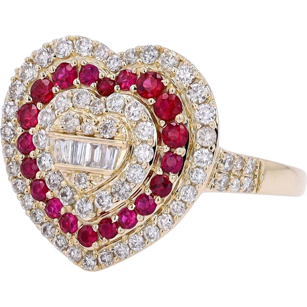 14K Yellow Gold Ruby and Diamond Heart Ring with Baguette Diamond Center - 0.42 Carat Ruby, 0.65 Carat Diamond Total Weight