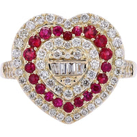 14K Yellow Gold Ruby and Diamond Heart Ring with Baguette Diamond Center - 0.42 Carat Ruby, 0.65 Carat Diamond Total Weight