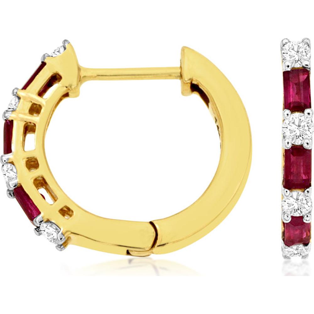 14K Yellow Gold Ruby & Diamond Huggie Hoop Earrings - 0.33 Carat Total Ruby Weight, 0.20 Carat Total Diamond Weight - Royal Jewelry