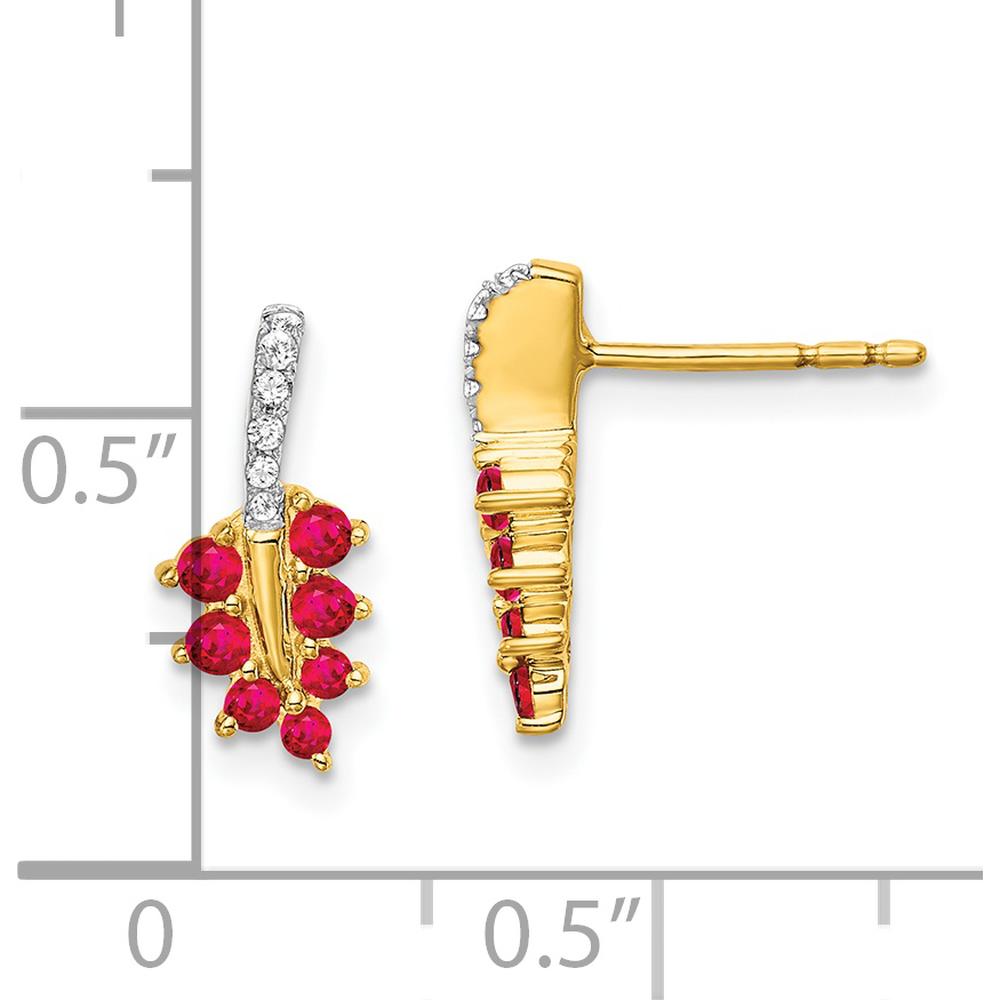 14K Yellow Gold Ruby and Diamond Leaf Drop Earrings - 0.14 Carat Total Ruby Weight, 0.02 Carat Total Diamond Weight by Monteluci Fine Jewelry