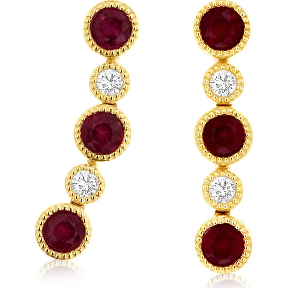 14K Yellow Gold Ruby and Diamond Linear Drop Earrings with Milgrain Detail - 0.60 Carat Total Ruby Weight, 0.08 Carat Total Diamond Weight - Royal Jewelry
