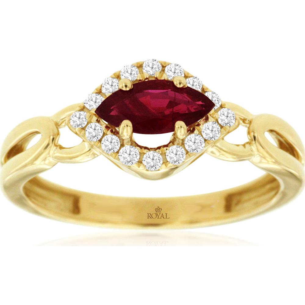 14K Yellow Gold Ruby & Diamond Marquise Ring - 0.62 Carats Ruby, 0.16 Carats Total Diamond Weight