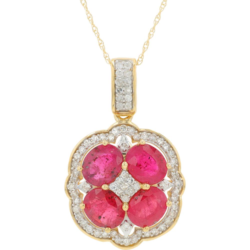 14K Yellow Gold Ruby and Diamond Pendant Necklace - 2.40 Carat Total Ruby Weight, 0.40 Carat Total Diamond Weight