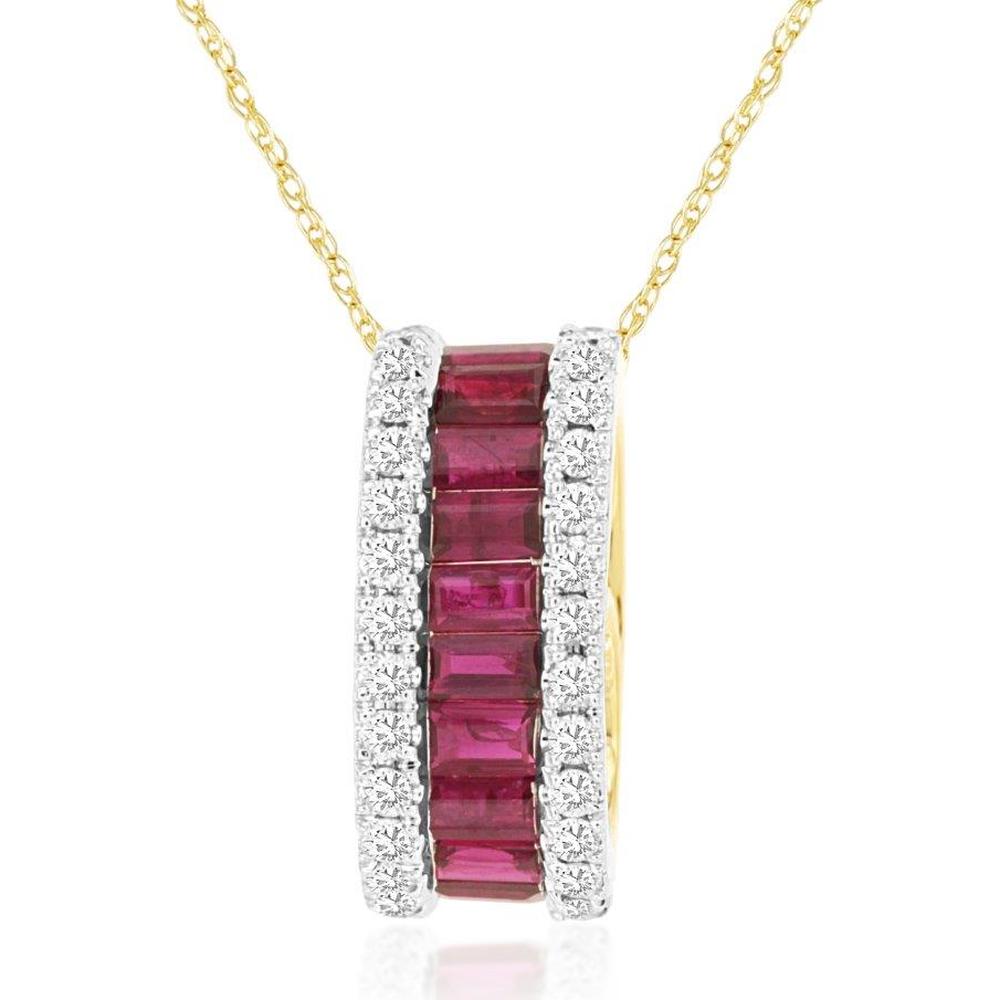 14K Yellow Gold Ruby & Diamond Pendant with Baguette Rubies - 1.10 Carats Total Ruby Weight, 0.23 Carats Total Diamond Weight