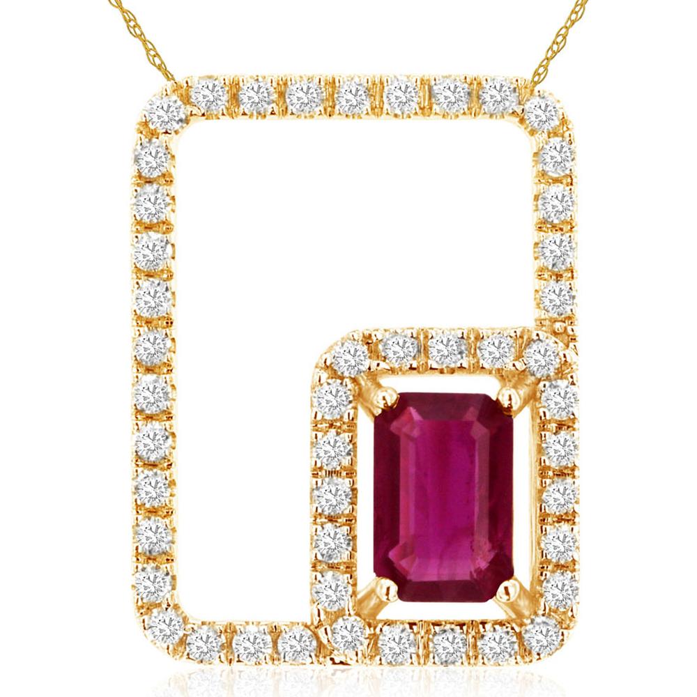 14K Yellow Gold Ruby & Diamond Pendant with Emerald Cut Ruby - 0.63 Carats Ruby, 0.33 Carats Total Diamond Weight