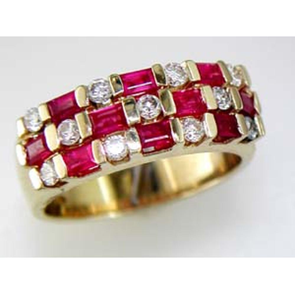 14K Yellow Gold Ruby & Diamond Ring with Baguette Rubies and Round Diamonds - 1.58 Carats Total Gem Weight