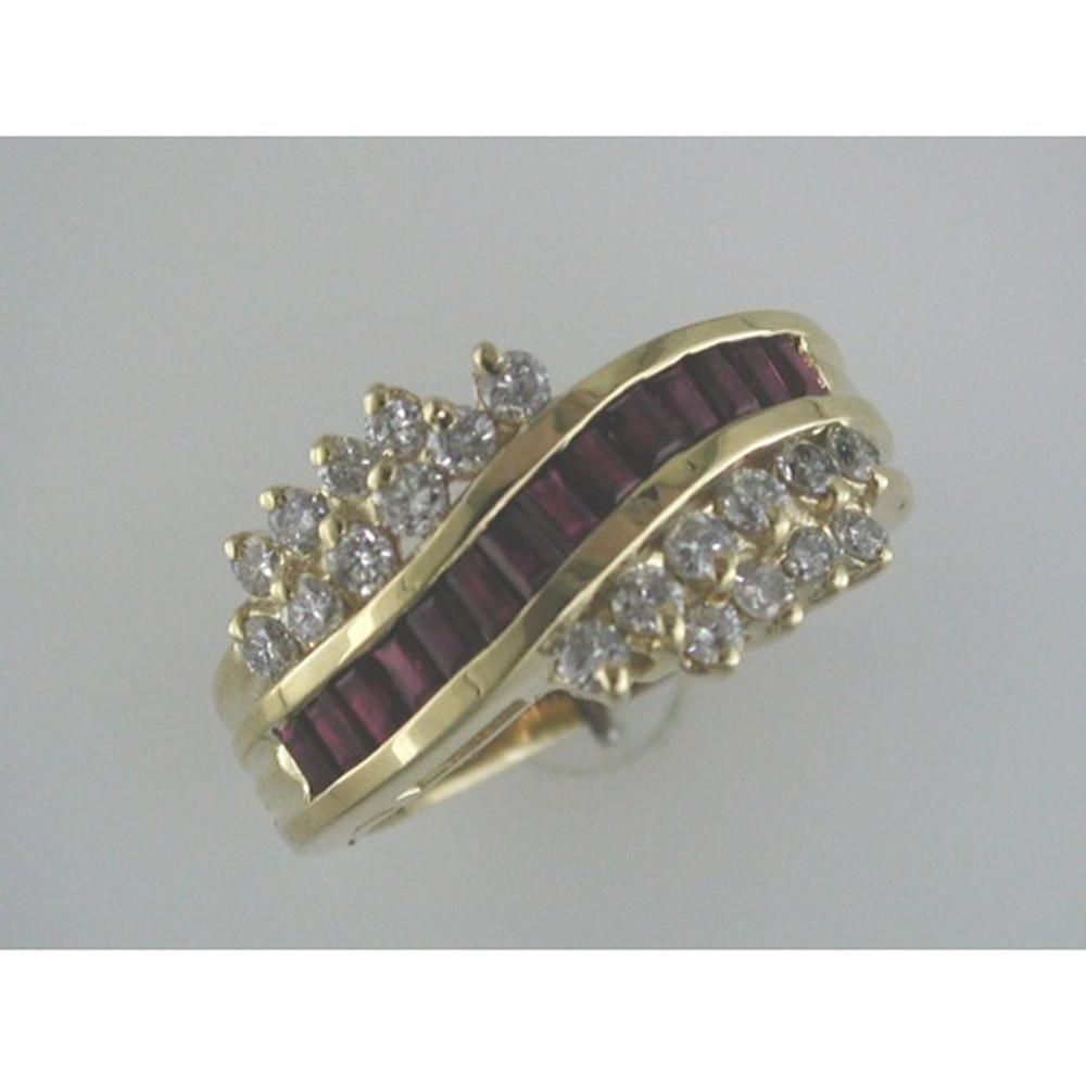14K Yellow Gold Ruby & Diamond Ring with Baguette Rubies and Round Diamonds - 1.70 Carats Total Weight