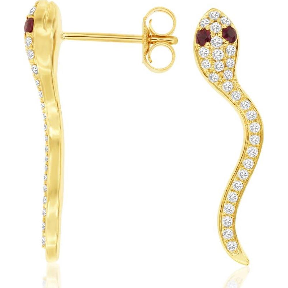 14K Yellow Gold Ruby & Diamond Serpent Earrings - 0.64 Carats Total Gem Weight