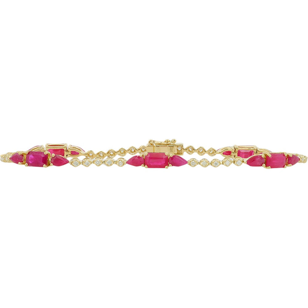 14K Yellow Gold Ruby and Diamond Station Bracelet with Emerald Cut and Marquise Rubies - 6.00 Carat Total Ruby Weight and 0.50 Carat Total Diamond Weight