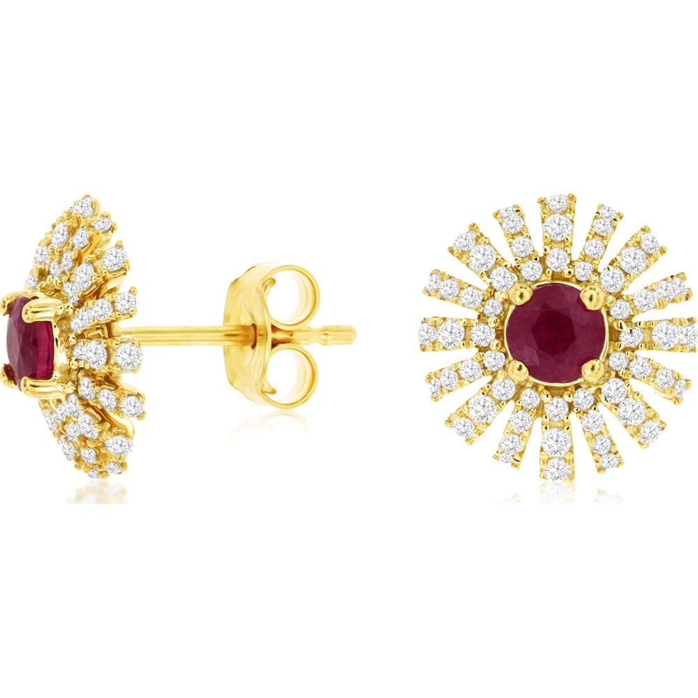 14K Yellow Gold Ruby & Diamond Stud Earrings - 0.90 Carats Total Ruby & Diamond Weight
