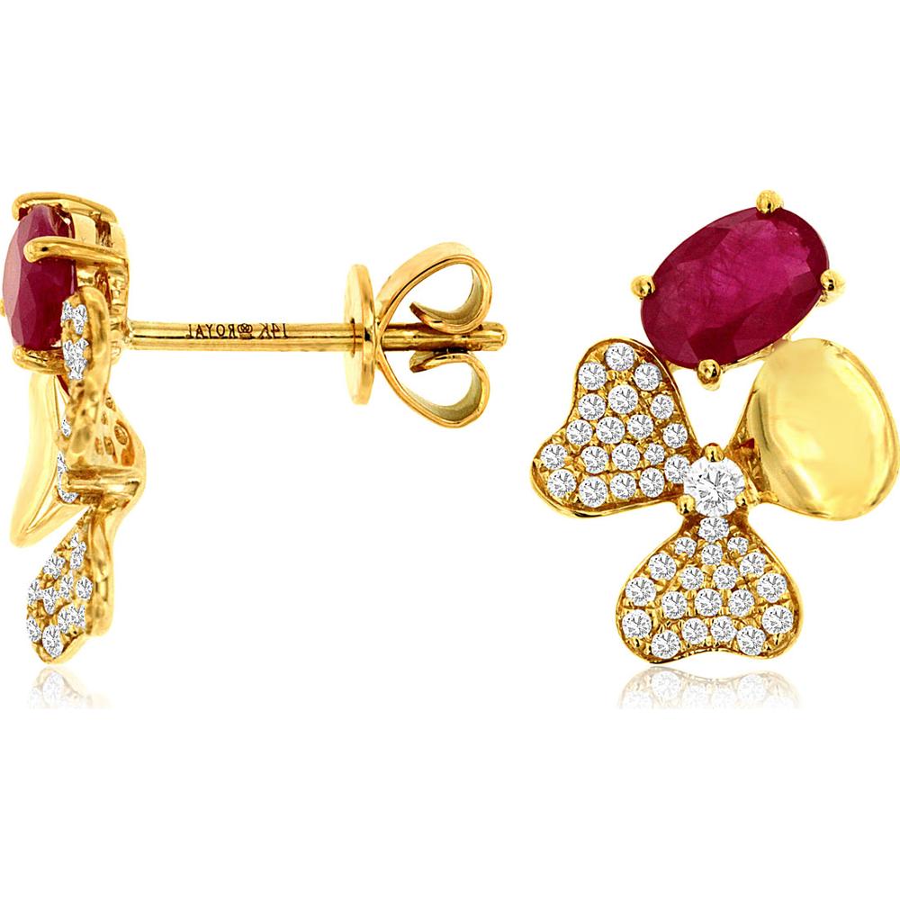 14K Yellow Gold Ruby & Diamond Stud Earrings with Oval Rubies - 1.12 Carats Total Ruby Weight, 0.24 Carats Total Diamond Weight