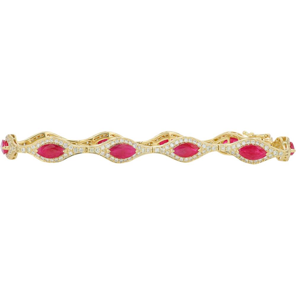 14K Yellow Gold Ruby and Diamond Tennis Bracelet with 5 Total Carats Weight of Marquise-Shaped Rubies and Diamonds