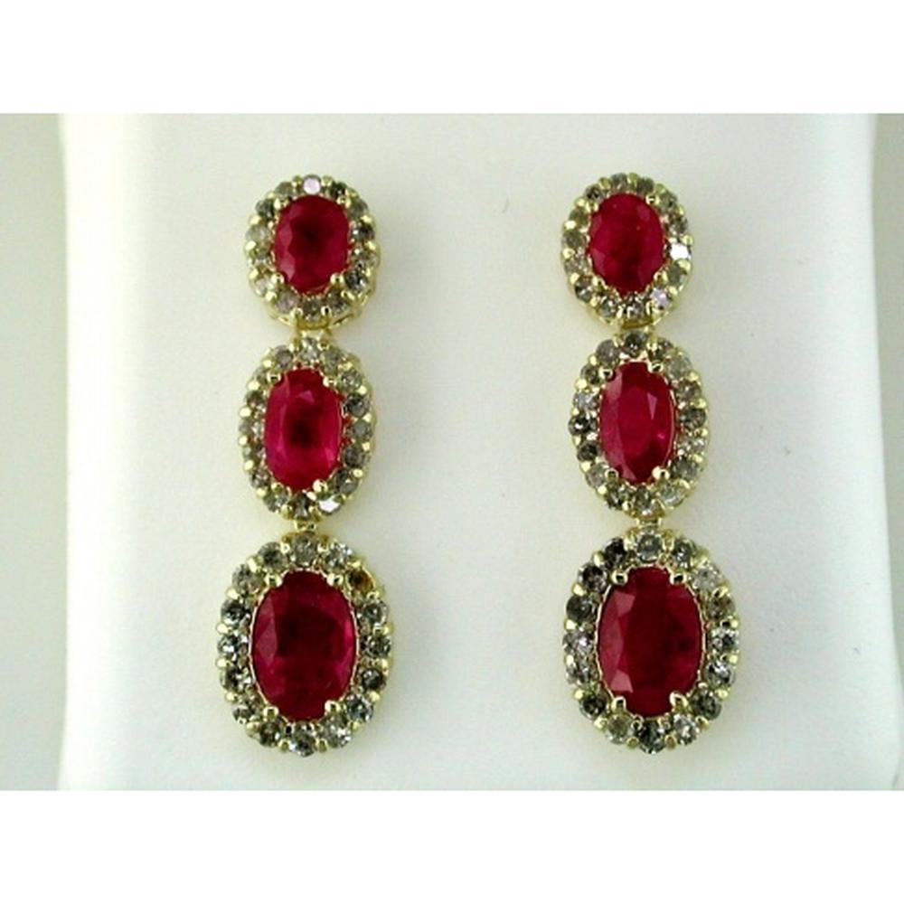 14K Yellow Gold Ruby and Diamond Three-Stone Earrings - 2.70 Carats Total Ruby Weight, 1.00 Carats Total Diamond Weight