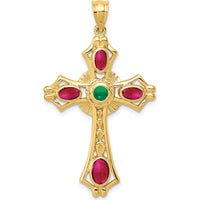 14K Yellow Gold Ruby and Emerald Cabochon Cross Pendant with Textured Design by Oro Pregiato