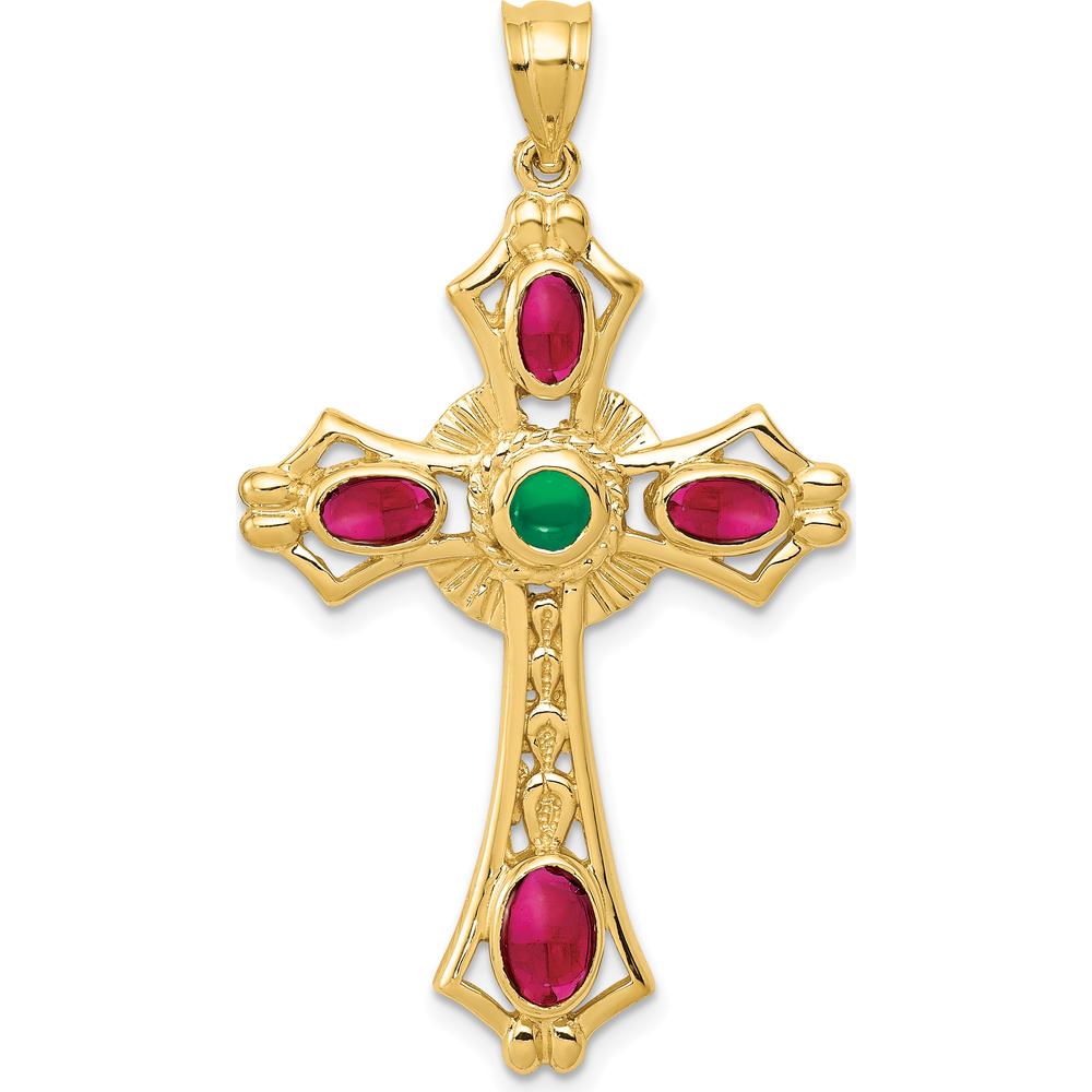 14K Yellow Gold Ruby and Emerald Cabochon Cross Pendant with Textured Design by Oro Pregiato