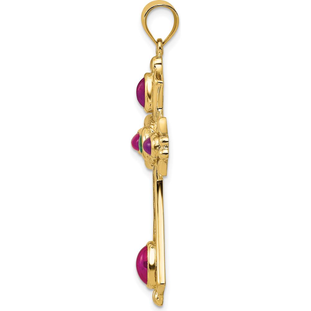 14K Yellow Gold Ruby and Emerald Cabochon Cross Pendant with Textured Design by Oro Pregiato