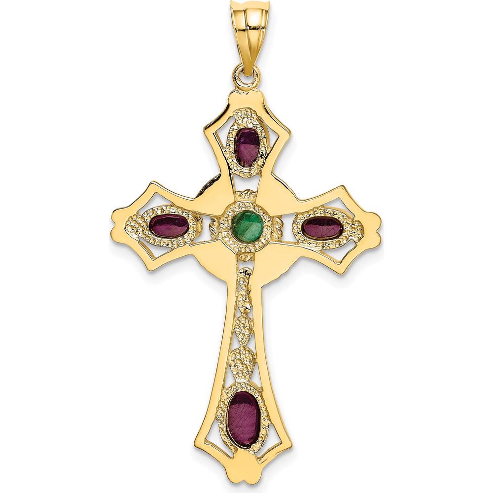 14K Yellow Gold Ruby and Emerald Cabochon Cross Pendant with Textured Design by Oro Pregiato
