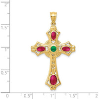 14K Yellow Gold Ruby and Emerald Cabochon Cross Pendant with Textured Design by Oro Pregiato