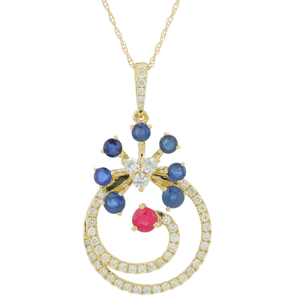 14K Yellow Gold Ruby and Sapphire Spiral Pendant with Diamond Accent - 1.15 Carat Total Gem Weight