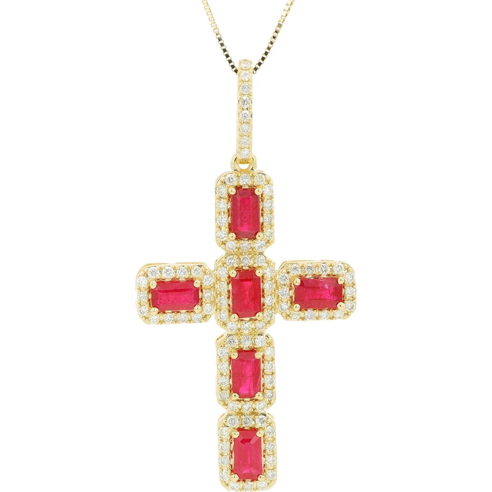 14K Yellow Gold Ruby Cross Pendant with Diamond Halo and Emerald-Cut Gemstones - 2.12 Carat Total Ruby Weight and 0.70 Carat Total Diamond Weight