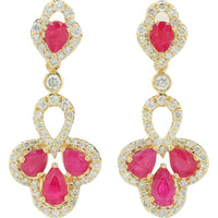 14K Yellow Gold Ruby Dangle Earrings with Diamond Halo - 1.75 Carat Total Ruby Weight, 0.70 Carat Total Diamond Weight