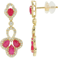 14K Yellow Gold Ruby Dangle Earrings with Diamond Halo - 1.75 Carat Total Ruby Weight, 0.70 Carat Total Diamond Weight