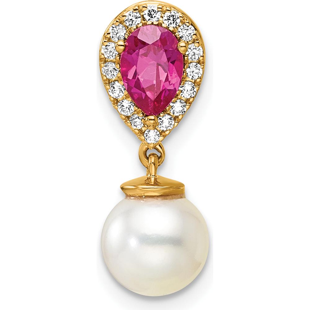 14K Yellow Gold Ruby, Diamond, and Freshwater Cultured Pearl Teardrop Earrings - 0.9 Carat Ruby, 0.085 Carat Diamond Total Weight by Oro Pregiato