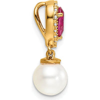 14K Yellow Gold Ruby, Diamond, and Freshwater Cultured Pearl Teardrop Earrings - 0.9 Carat Ruby, 0.085 Carat Diamond Total Weight by Oro Pregiato