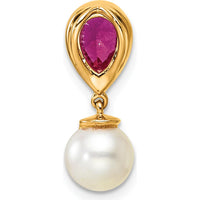 14K Yellow Gold Ruby, Diamond, and Freshwater Cultured Pearl Teardrop Earrings - 0.9 Carat Ruby, 0.085 Carat Diamond Total Weight by Oro Pregiato