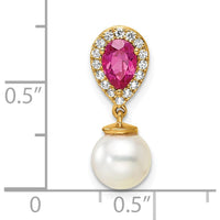 14K Yellow Gold Ruby, Diamond, and Freshwater Cultured Pearl Teardrop Earrings - 0.9 Carat Ruby, 0.085 Carat Diamond Total Weight by Oro Pregiato