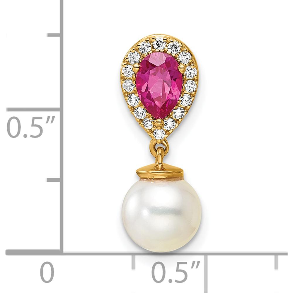 14K Yellow Gold Ruby, Diamond, and Freshwater Cultured Pearl Teardrop Earrings - 0.9 Carat Ruby, 0.085 Carat Diamond Total Weight by Oro Pregiato