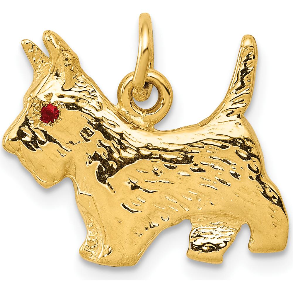 14K Yellow Gold Ruby Eye Scottie Dog Charm with Textured Finish - 0.01 Carat Ruby