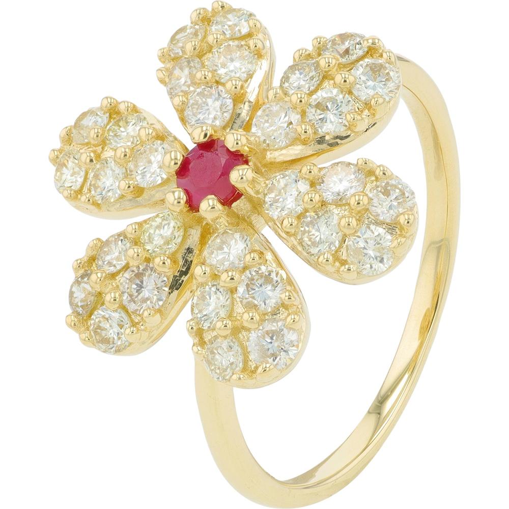 14K Yellow Gold Ruby Flower Ring with 1.00 Carat Diamonds and 0.15 Carat Ruby Center
