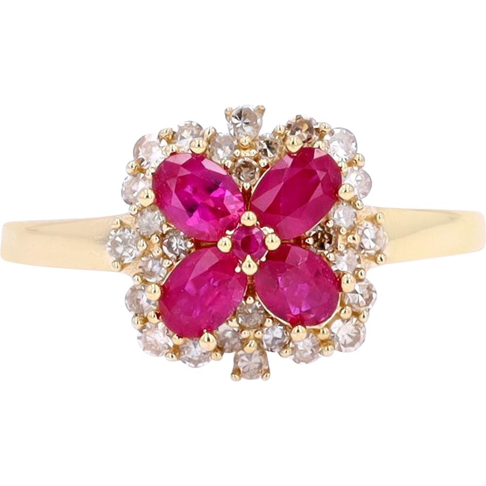 14K Yellow Gold Ruby Flower Ring with Diamond Accents - 0.75 Carat Ruby and 0.30 Carat Diamond Total Weight