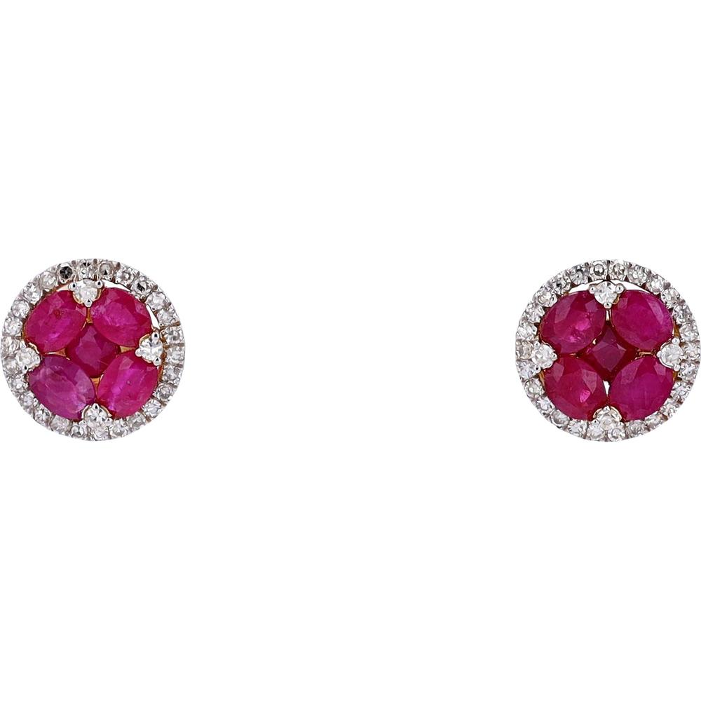 14K Yellow Gold Ruby Gemstone Cluster Halo Stud Earrings with 0.36 Carat Total Diamond Weight