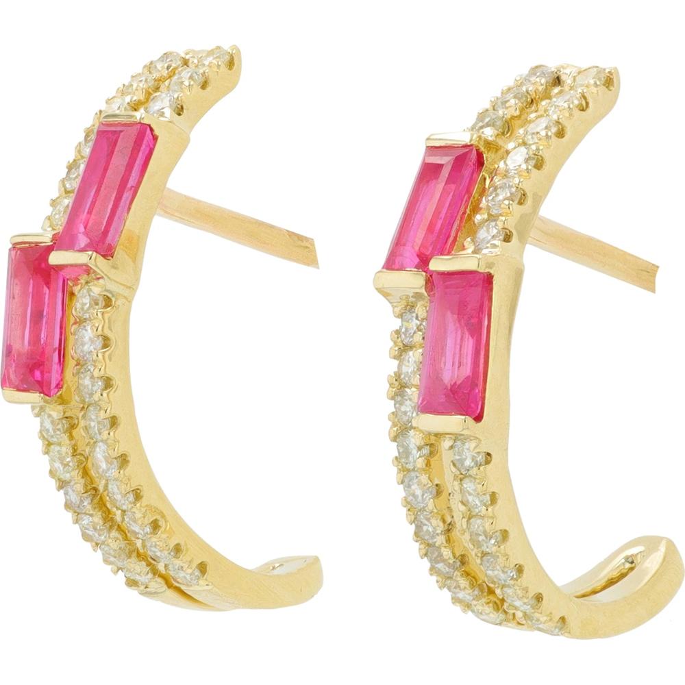 14K Yellow Gold Ruby Gemstone J - Hoop Earrings with Diamond Accents - 0.27 Carat Total Ruby Weight