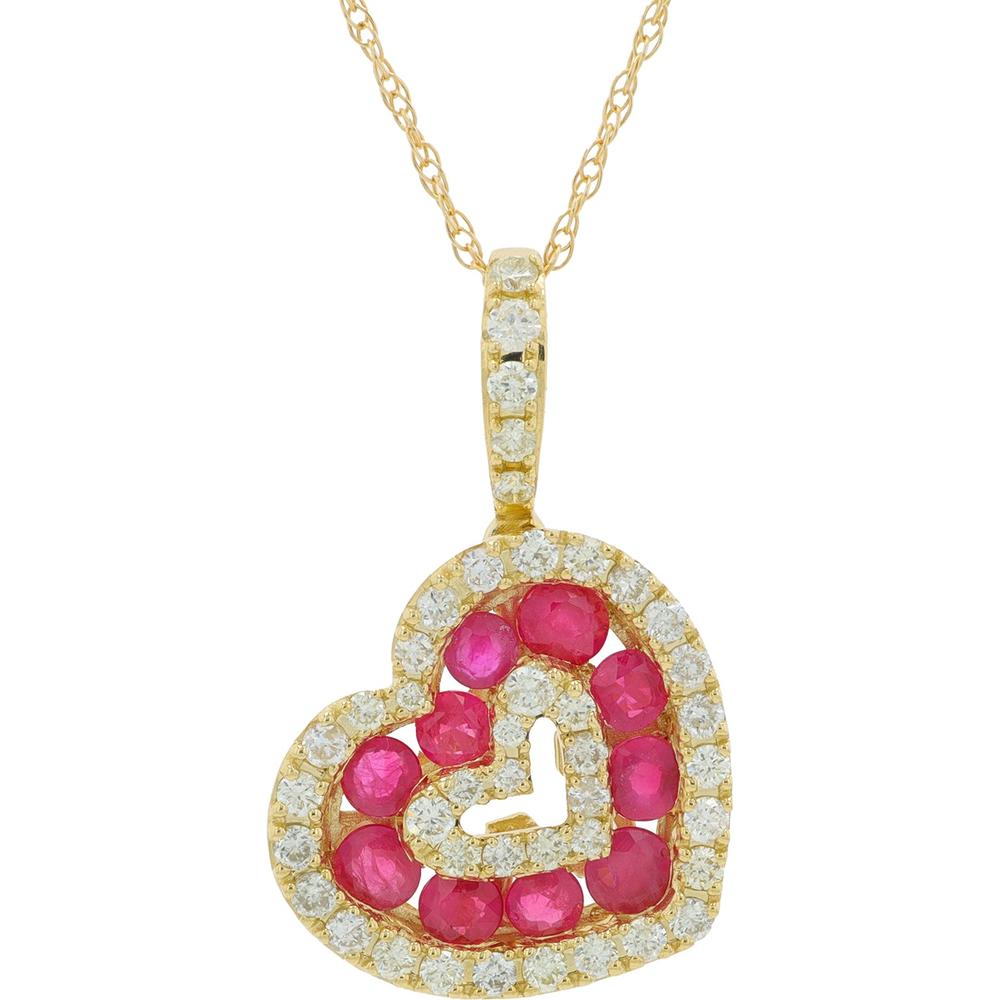14K Yellow Gold Ruby Heart Pendant with 0.30 Carat Total Diamond Weight and 0.70 Carat Total Ruby Weight