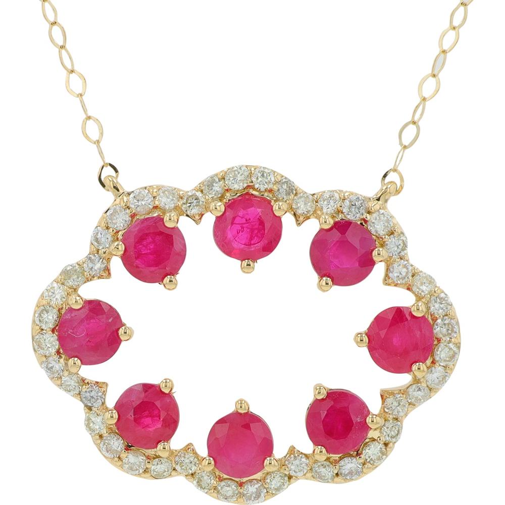 14K Yellow Gold Ruby Necklace with Diamond Halo - 1.30 Carat Total Gemstone Weight