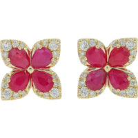 14K Yellow Gold Ruby Stud Earrings with Diamond Halo - 1.50 Carat Total Ruby Weight