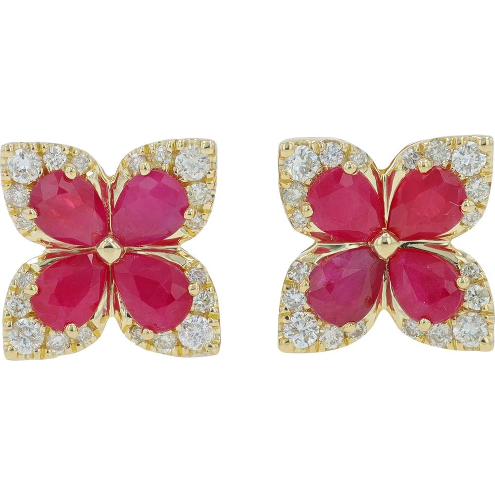 14K Yellow Gold Ruby Stud Earrings with Diamond Halo - 1.50 Carat Total Ruby Weight
